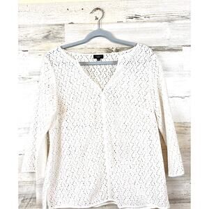 Talbots Womens S Petite White Eyelet 3/4 Sleeve Lightweight Summer Blouse Top